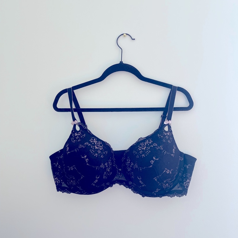 Perfect Plunge Bra, Black lace with rose pink detailing